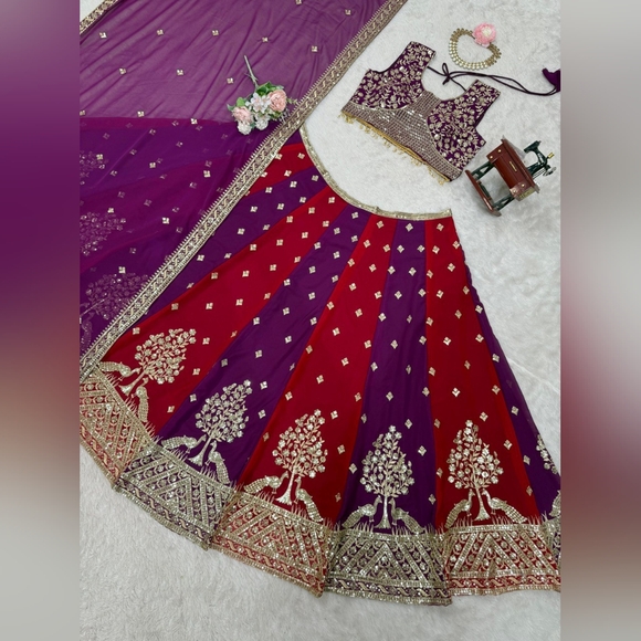 Lehenga Choli Set Heavy Embroidered Wedding Outfit Maroon Purplel Sangeet Garba - Picture 11 of 12